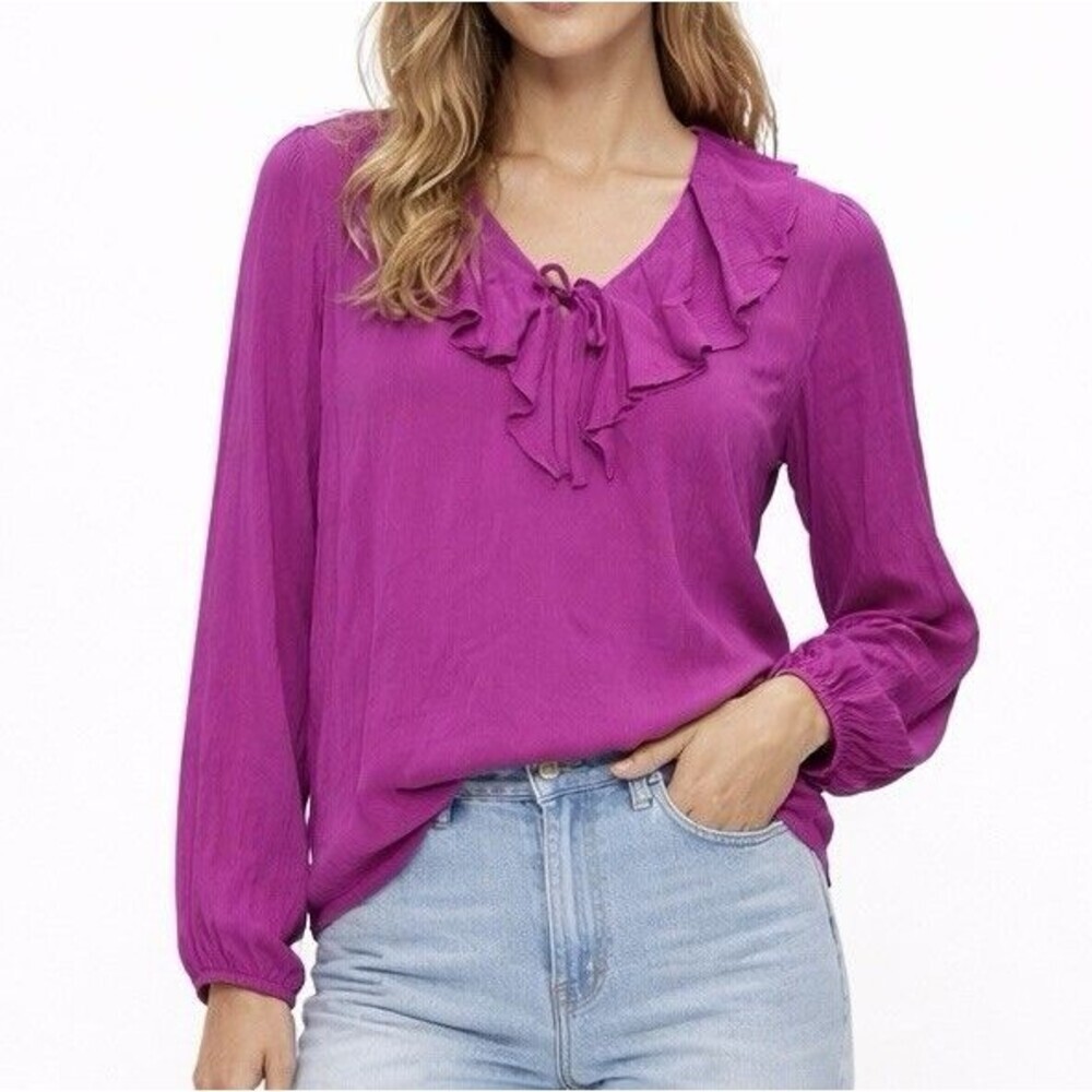 Haute Hippie Tribe Magenta Ruffle Tie Neck Blouse Size M Boho Viscose Top